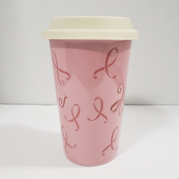 Longaberger Travel Cup Horizon of Hope Pink Ceramic Coffee Tea Mug with Lid - Picture 3 of 8